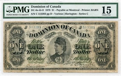 1878 $1 Dominion of Canada, Montreal, DC-8e-iii-O, Choice Fine, PMG F15 - Image 1 of 2