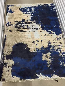 Hand Knotted 5' X 7' Dark Blue Cream Silver Area Rug NEW - Picture 1 of 2