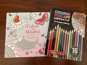 Adult Colouring Book & 16 Metalic Colouring Pencils - Butterfly Themes - 50 Pics - Picture 1 of 3