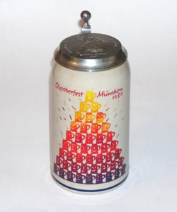 Oktoberfest-Krug München 1987 + Zinndeckel ~ Bierkrug m. Grafik Rosa Juchniewicz - Bild 1 von 3