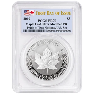 2019 Modified Proof $5 Silver Canadian Maple Leaf PCGS PR70 FDOI Dual Flag La... - Picture 1 of 2