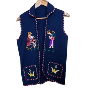 Peruvian Farmer Vest Hand Knit Blue Size S Embroidered Unique Womens - Picture 1 of 10