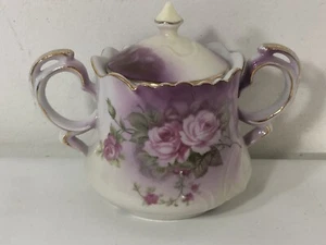 Vintage Lefton China Rose Sugar Bowl w/ Lid #2689 Hand Painted Lavender Gilt - Picture 1 of 12