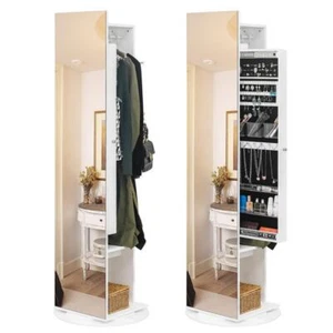 Full Length Mirror Jewelry Cabinet 360° Rotating Storage Organizer w/ LED Lights - Picture 1 of 12