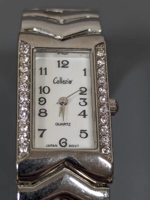 Collezio White Dial Crystal Accent Silver Tone Open Cuff Bracelet Band Watch - Image 1 of 4