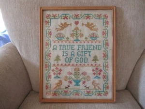 Vintage Cross Stitch Sampler A TRUE FRIEND…GIFT OF GOD 12x15 Wood Frame - Picture 1 of 14