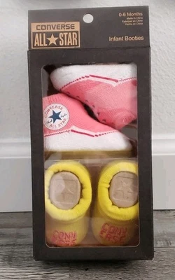 匡威 Converse All Star Chuck Taylor 婴儿 0-6 个月短靴粉色和黄色袜子 — 第 1/4 张图片