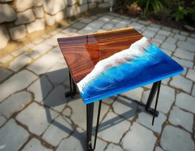 Handmade Walnut Ocean Wave Epoxy Resin Table | Coastal Decor - Image 1 of 4