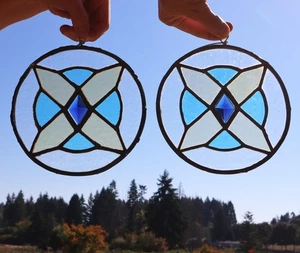 7 Zoll rundes Paar antike französische Buntglasscheiben mit Bleiglas - Bild 1 von 13