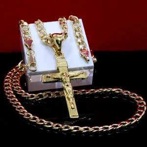 14k Slim Jesus Cross Pendant Gold Plated INRI Charm 20" Cuban Link Choker Chain - Picture 1 of 7