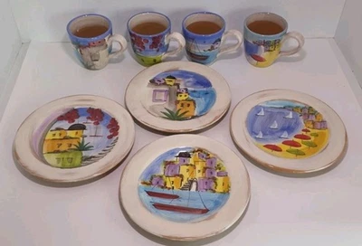 VIETRI La Fenice Italia Costera pintada a mano 8,5" Juego de 4 platos de ensalada y 4 tazas Foto 1 de 4