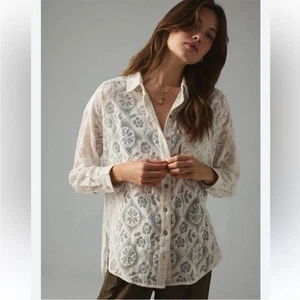 Anthropologie Pilcro White Lace Button Down Blouse - Picture 1 of 9