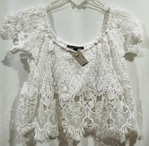 New Derek Heart White Crochet Lace Crop Top Summer Beach Off The Shoulder Sz M - Picture 1 of 10