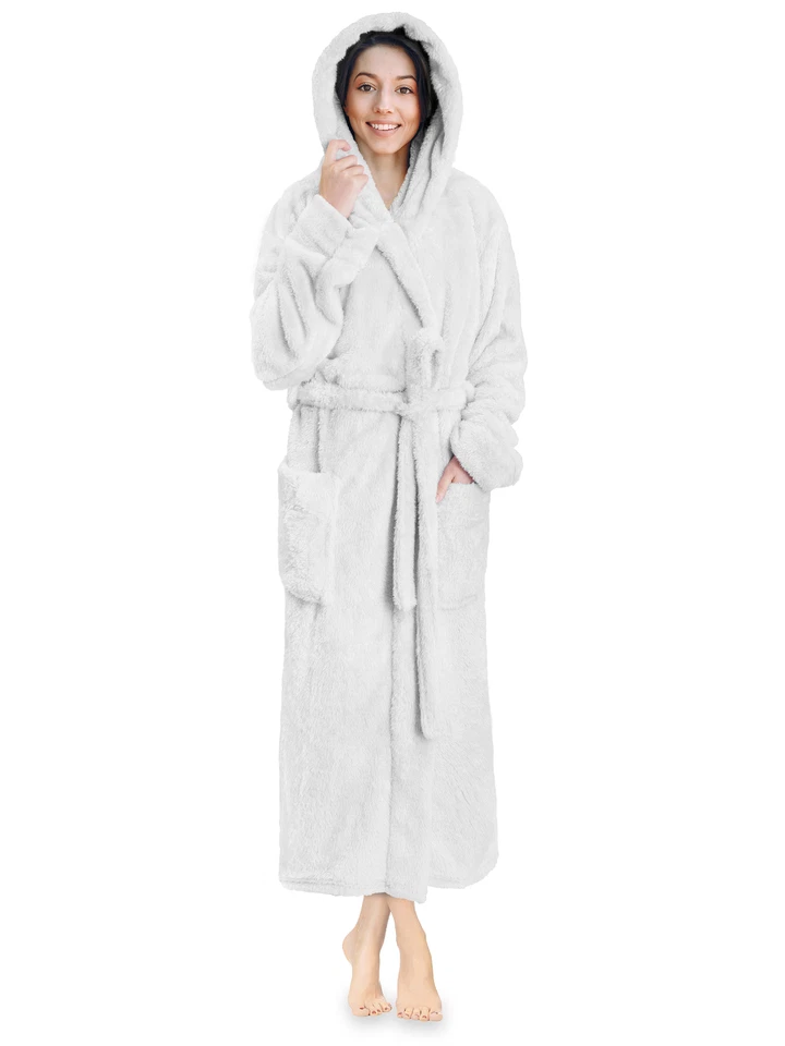 Womens Ladies Fluffy Robe Soft Fleece Luxe Plush Warm Sherpa Hooded Spa Bathrobe - Image 1 of 1