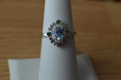 1.25ct Santa Maria Aquamarine / Multi Diamond Ring Rhodium over Fine Silver Sz 7 - Image 1 of 4