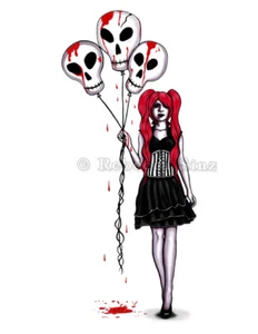 Gothic Fantasy Cauldron Art PRINT Red Black Lolita Skulls Balloons Blood Corset - Picture 1 of 1