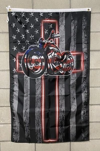 American Biker Cross Flag Free USA Ship Jesus Faith Prayer God 3x5' Sign Banner - Picture 1 of 1