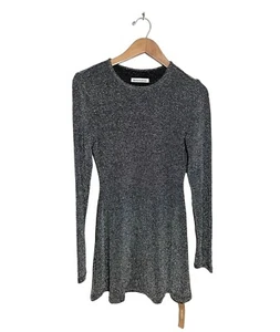 Reformation Riley Dress Silver Sparkle Long Sleeve Mini Skater NWT Size Medium - Picture 1 of 7