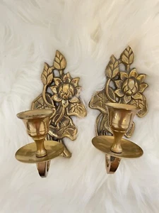 Brass Leaves Candle Holder Wall Flowers Ornate Set Of 2 Taper - Picture 1 of 7