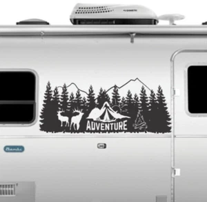 Camper Wohnmobil Aufkleber, Camping Sticker, Wald Berge Reise Logo Abenteuer wartet - Bild 1 von 12