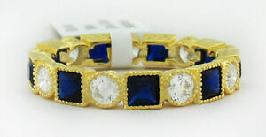 BLUE & WHITE SAPPHIRES ETERNITY RING .925 Silver (YELLOW) New With Tag SIZE 7.75