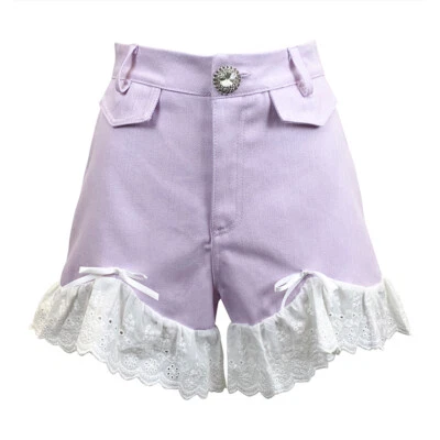 Lady Sexy Hot Pants Shorts Mini Ruffle Lace Trim Crystal Botton Cute Bow Summer - Image 1 of 4