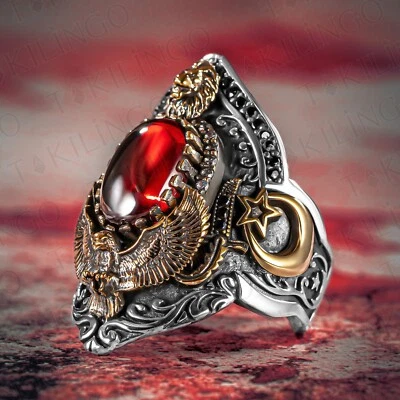 Anillo de plata esterlina 925 ajustable águila león espada media luna circón rojo pulgar Foto 1 de 4