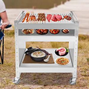 Holzkohlegrill mit Rollen Garten Edelstahl Grillwagen mit Ablagen Silber - Bild 1 von 18