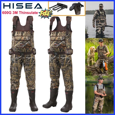 HISEA Waterproof Neoprene Chest Waders 600G Insulated Bootfoot Hunting Fishing - Image 1 of 4