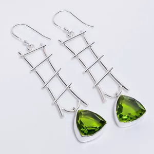 Peridot Gemstone Ethnic Style Handmade 925 Sterling Silver Earrings 3.1" r320 - Picture 1 of 6
