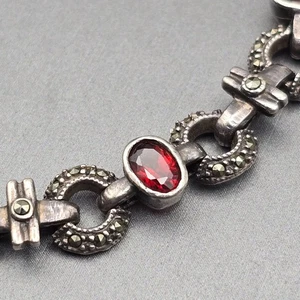 VTG Sterling Silver Garnet & Marcasite Link Bracelet 7.5" RF Hallmark Box Clasp - Picture 1 of 24