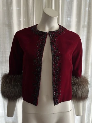 Vintage 60s Velvet Cropped Jacket Fox Fur Cuffs Yamaguchi & Co Yokohama Japan - Image 1 of 4