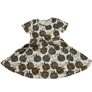 Pumpkin Print Dress Fit & Flare Short Sleeve White Orange Black Brown 2XL 6-7T - Picture 1 of 18