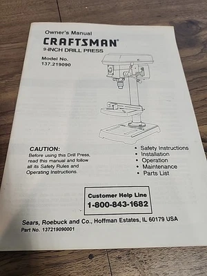 Vintage Craftsman 9" Drill Press Model 137.219090  Owners Manual Original - Image 1 of 2