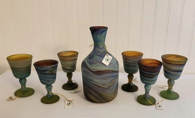 6 copas de vidrio soplado a mano estilo fenicio Hebrón con jarra colores arremolinados Foto 1 de 4