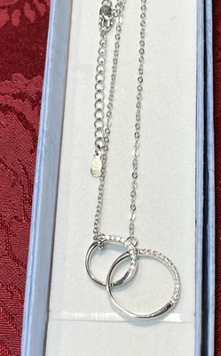 Винтажное ожерелье из чистого серебра S925 с перемежающимися двойными кольцами и фианитами 18 дюймов + 2 дюйма экстра - Изображение 1 из 4