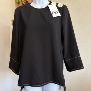 Zara Woman XS Schwarz Tunika Oberteil Langarm Statement Knöpfe Nähte Neu mit Etikett - Bild 1 von 10