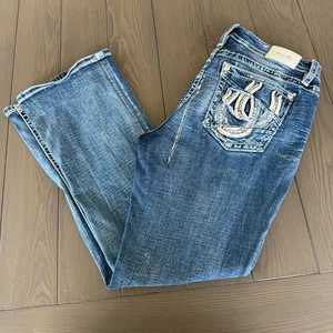 Miss Me Jeans Womens 34x32 Curvy Bootcut Blue Stretch Cowgirl Embellished Denim - Picture 1 of 21