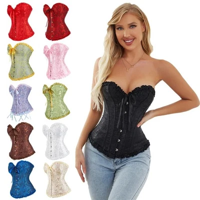 Women Corset Top Vintage Bustier Lace up Boned Tummy Control Gothic Overbust - Image 1 of 4