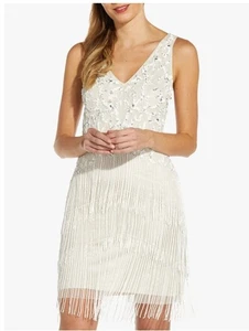 Adrianna Papell Fringe Sequin Mini Flapper Dress Ivory Pearl Rehearsal Size 8 - Picture 1 of 11