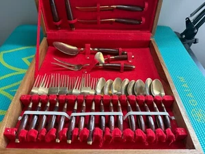 Mid-Century Johny's Gems Gold Tone Brass & Wood 29 pc Flatware Set Thailand - Picture 1 of 19
