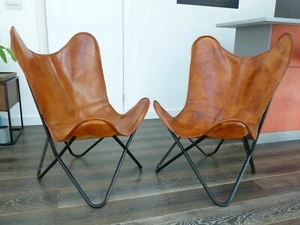 2 Handmade Vintage Leather Butterfly Relax Arm Chair Sleeper Seat Folding Chair  - Picture 1 of 12