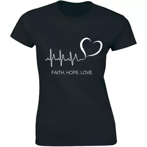 Faith Hope Love with Cross & Heart Beat Pulse Line Inspiring Tshirt - Picture 1 of 4