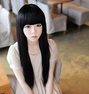 New Women Black Fancy Party Function Fringe Natrual Straight long Hair Full Wigs - Bild 1 von 6