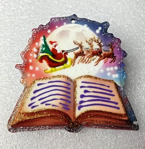 Santa's Sleigh with Book Hand Glittered Wood Christmas Ornament #28 - Picture 1 of 2