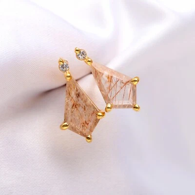 Copper Rutile Kite Studs Earrings 925 Sterling Silver Gold Plated Dainty Jewelry - Image 1 of 4