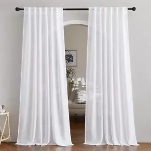 White Linen Sheer Curtains and Drapes 84 Inches Long, Rod Pocket & Back Tab Semi - Picture 1 of 12