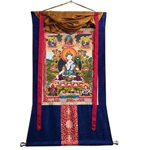 Arte Tara Thangka Blanco Pintado por Lama, Brocado de Seda Montado Tara Blanca - Imagen 1 de 9