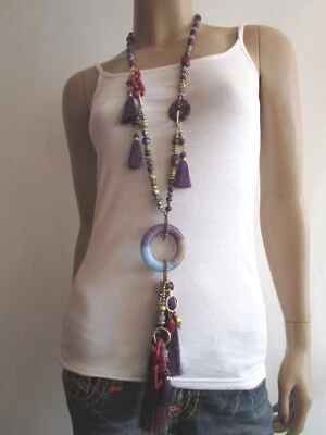 Hippie Modekette Damen Hals Kette Bettelkette lang Lila Pink Festival Ibiza Boho - Bild 1 von 4