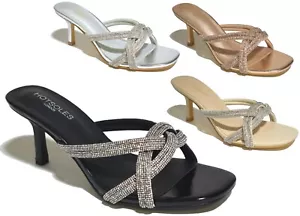 LADIES MID HEEL DIAMANTE OPEN SANDAL Womens Kitten Mid Heel Slip On UK Sizes 3-8 - Picture 1 of 20
